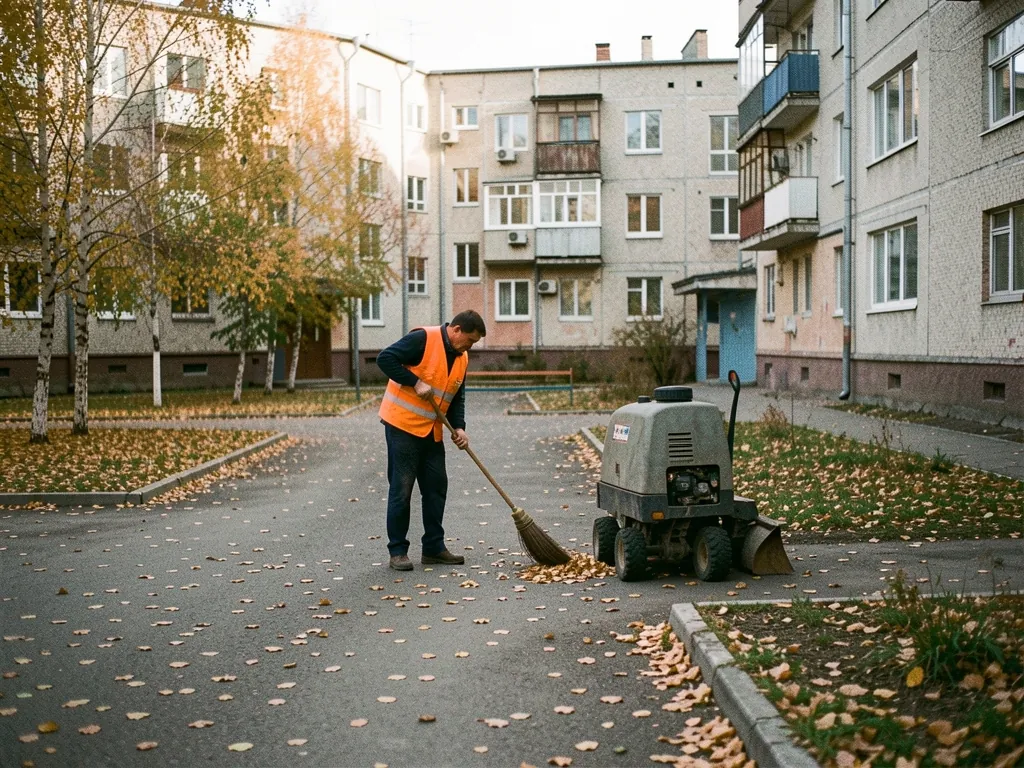Дворник во дворе жилого дома